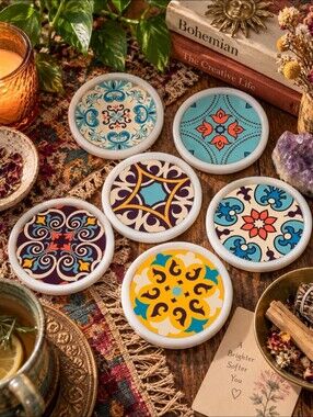 4/$15 Handmade Boho Maximalist Coaster Set of 6 | Colorful Eclectic Home